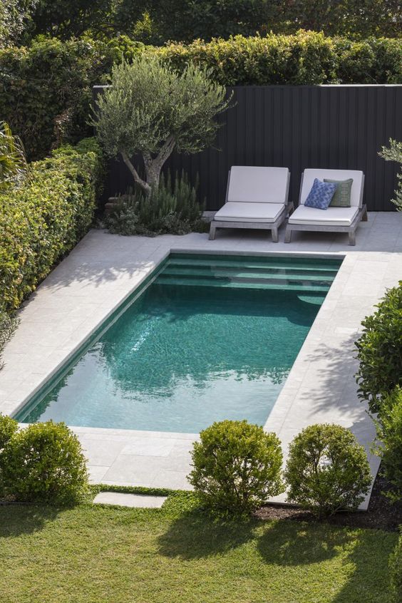 a minimalist backyard with a green lawn and bushes, with a pool and a stone deck and a couple of chairs is a lovely space