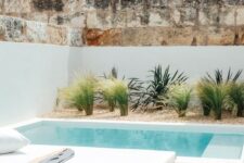 a small plunge pool with a staircase, some grasses growing by the pool and some blankets and pillows