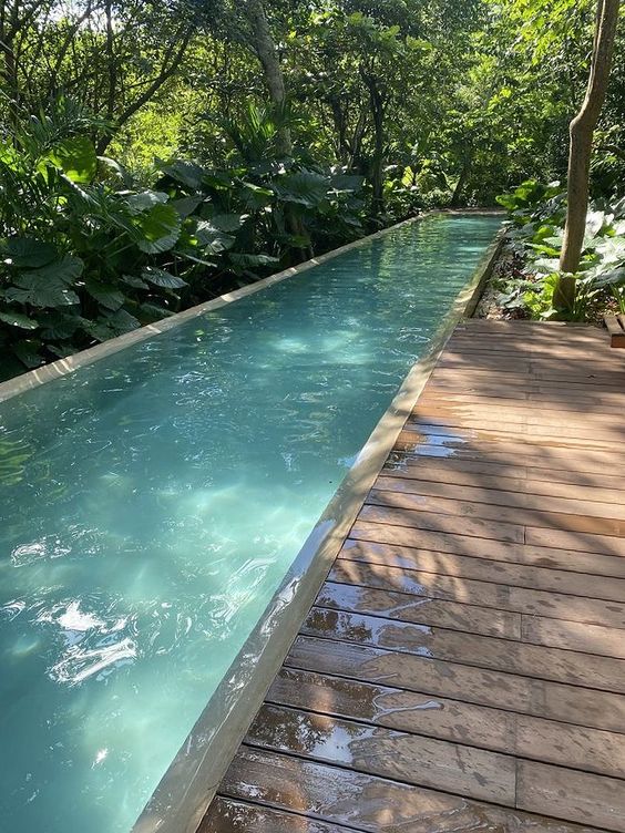 a tropical outdoor space with a wooden deck, a long narrow pool and lots of greenery around is a very lovely nook to have a rest in