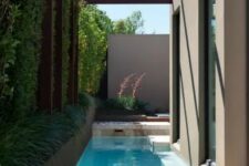 a very small backyard accomodates only a cool narrow pool for relaxing, with greenery by its side
