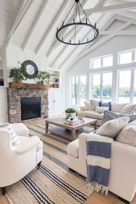 a welcoming attic farmhouse living room done in neutrals, blues, with stripes and a stone clad fireplace