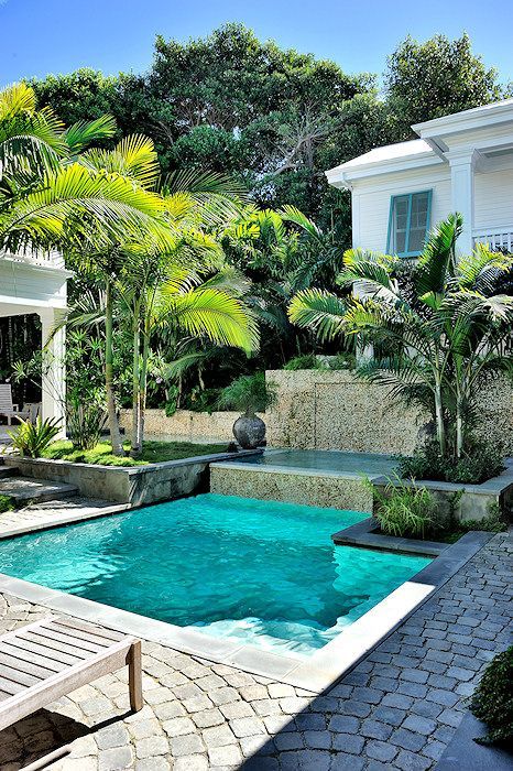 an elegant tropical backyard with a stone deck, a small pool and a tub, a couple of loungers, some greenery and trees