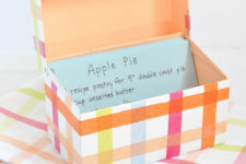 DIY colorful plaid recipe box using a tin box