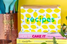 DIY bright recipe box makeover usign removable wallpaper