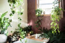 a boho jungle-themed bathroom with a burgundy wall, a free-standing tub and lots and lots of greenery and succulents