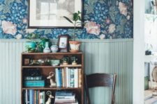 bold floral print wallpaper and aqua wainscoting for a bright and vivacious look with a vintage feel