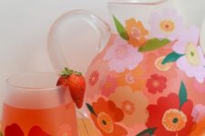 DIY bright floral decoupage on glasses and a pitcher