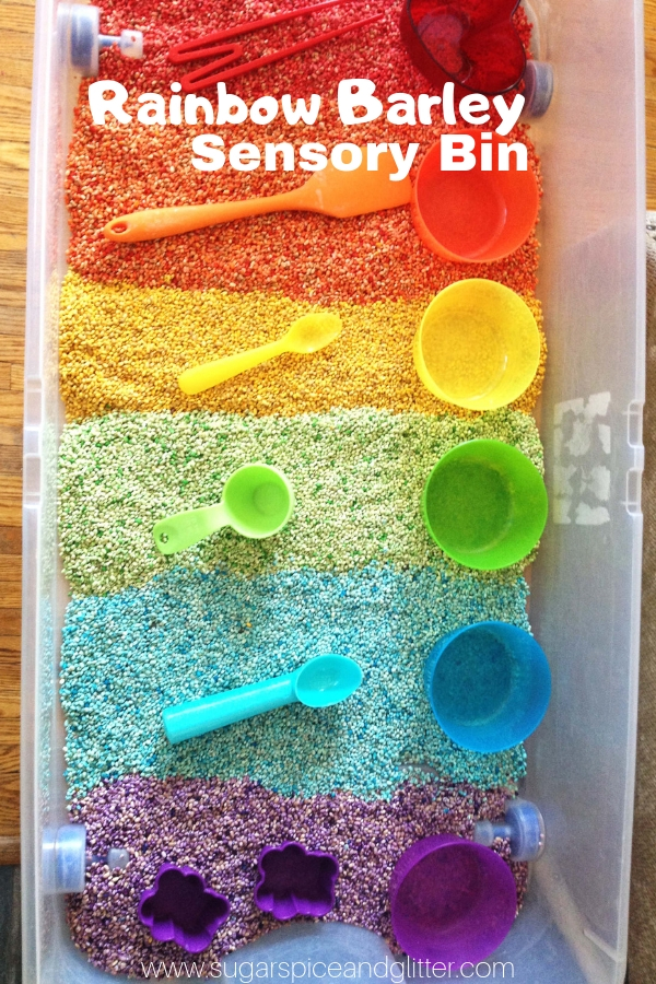 DIY rainbow barley sensory bin (via sugarspiceandglitter.com)