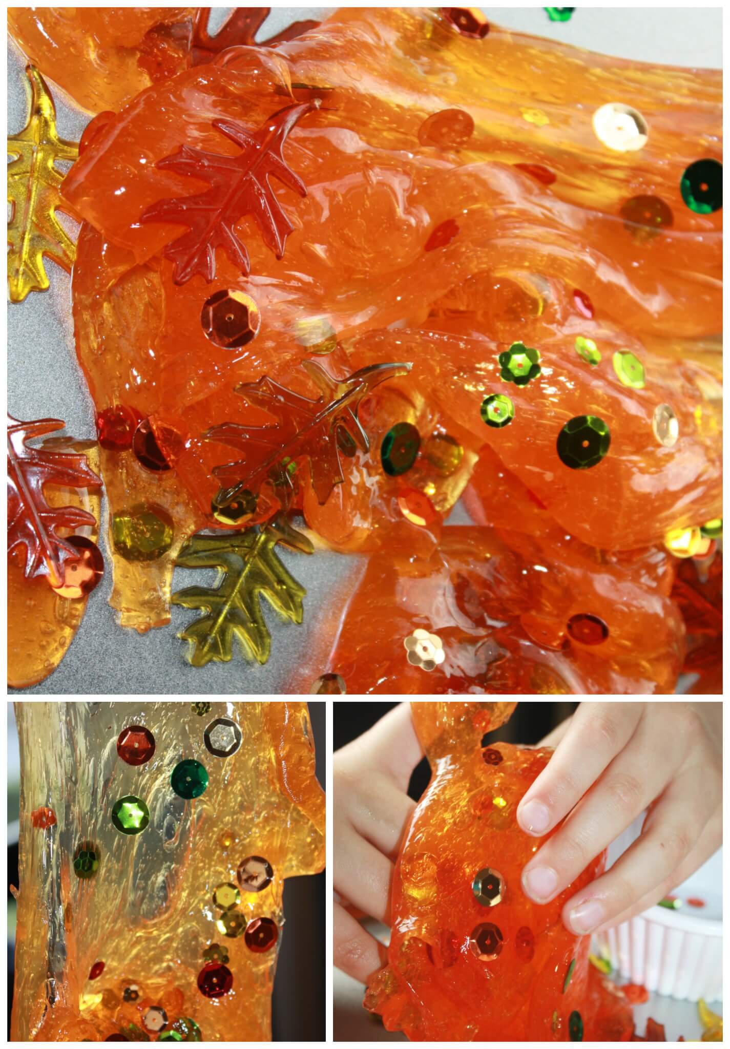 DIY easy fall slime with rhinestones and plastic leaves