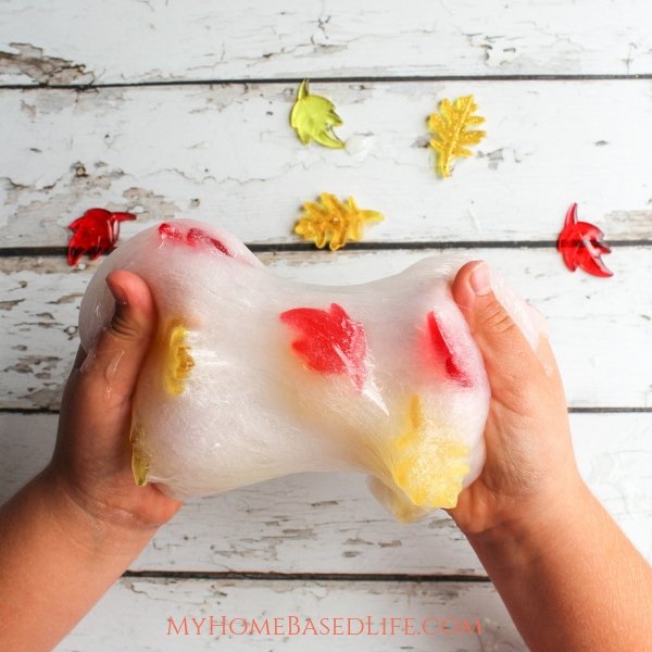 DIY fall slime with colorful fall leaves