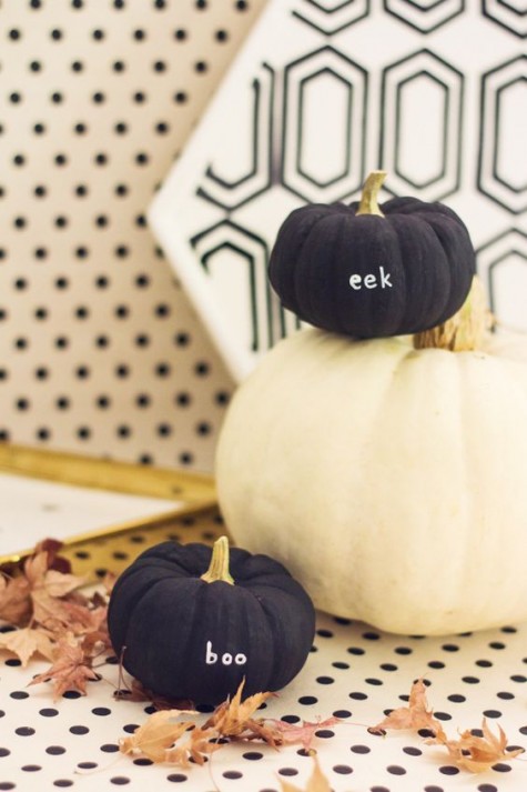 minimalist matte black and white pumpkins with EEK and BOO words are a perfect and easy decor idea