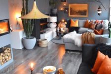 13 orange and rust details and touches make this moody space fall-like and bright