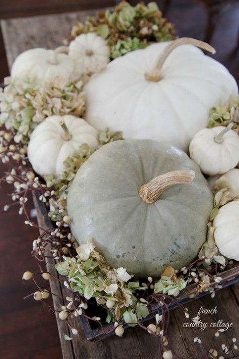 a rustic fall pumpkin display with a wooden box filled with berries, neutral hydrangeas and natural pumpkins