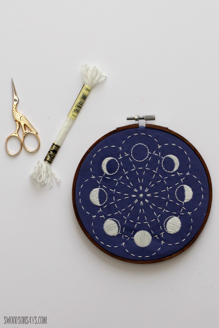 DIY moon phase embroidery art piece