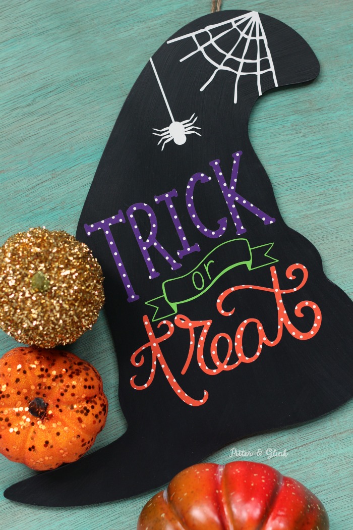 DIY Halloween witch hat wall art with spiders