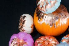 09 colorful pumpkins with copper leaf decor are very glam and romantic, super chic and bold