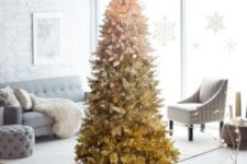 14 a vintage gold ombre Christmas tree with lights is a stylish and bold idea to try