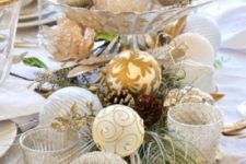 18 gold glitter and silver Christmas ornaments and candleholders are amazing for Christmas table decor
