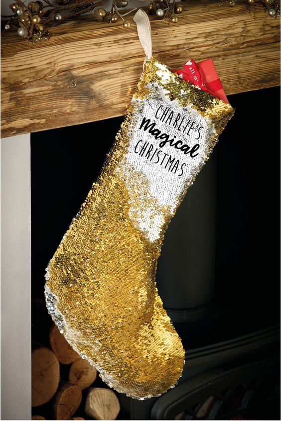 a gold sequin stocking is a fun and glam idea to spruce up your Christmas mantel easily