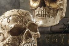 27 glam gold and champagne-colored skulls with beading will be great decorations for mantels, shelves and food stations