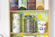 DIY mini box shelf with colorful backing for kitchens