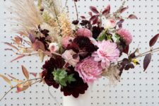 DIY dramatic light pink and deep burgundy floral centerpiece fo fall and Thanksgiving
