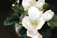 DIY magnolia and evergreen winter centerpiece