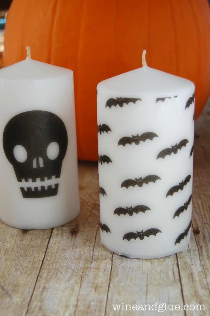 DIY printed Halloween candles in black and white (via www.wineandglue.com)