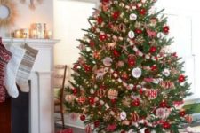 04 a cheerful and bold red and white Christmas tree decor and gifts in the same colors to match