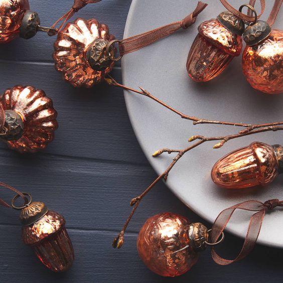 vintage inspired copper Christmas ornaments on brown ribbons will give warm glow to your tree and a slight refined vintage feel