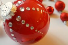DIY red Christmas ornaments with silver rhinestones