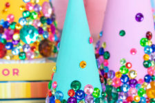 DIY colorful tabletop Christmas trees with bright rhinestones
