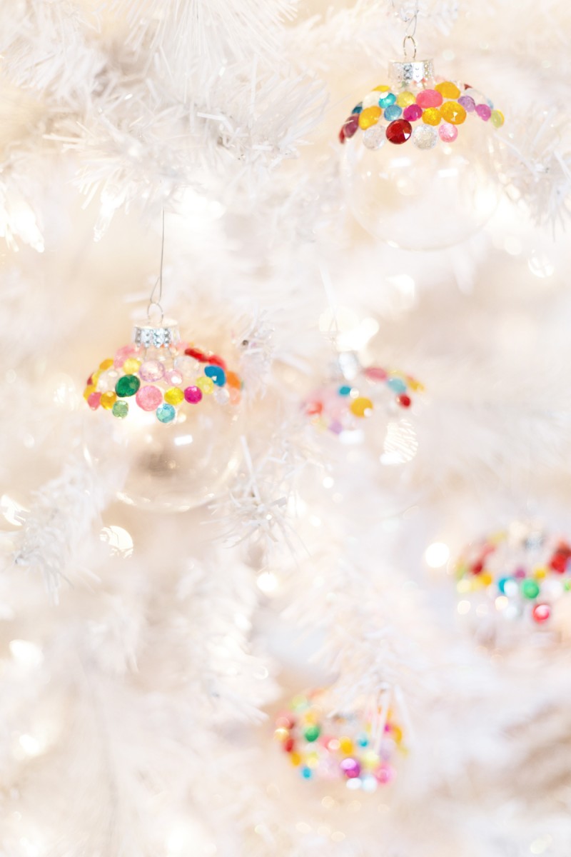 DIY colorful rhinestone Christmas ornaments (via lovelyindeed.com)