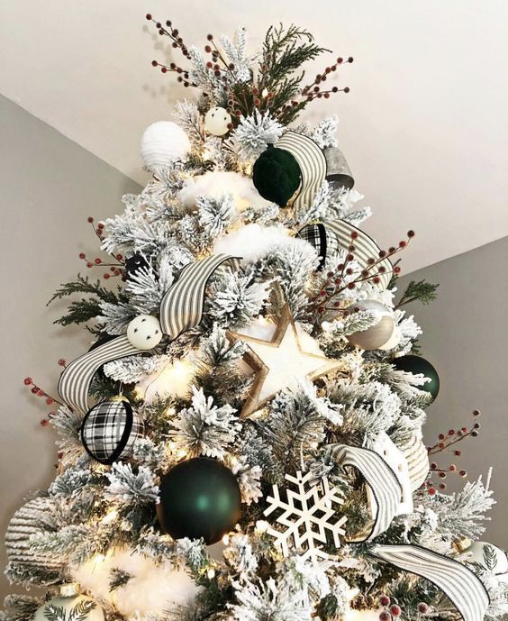 a flocked Christmas tree with white and black ornaments with prints, snowflakes, stars and ribbons plus berries