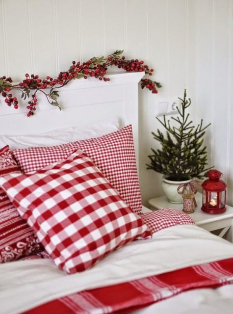 cover your headboard with berries and use red and white bedding for winter holidays