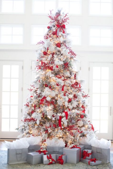 red and white Christmas tree decor with ornaments and striped and brigth ribbons is a bold solution and looks rather traditional