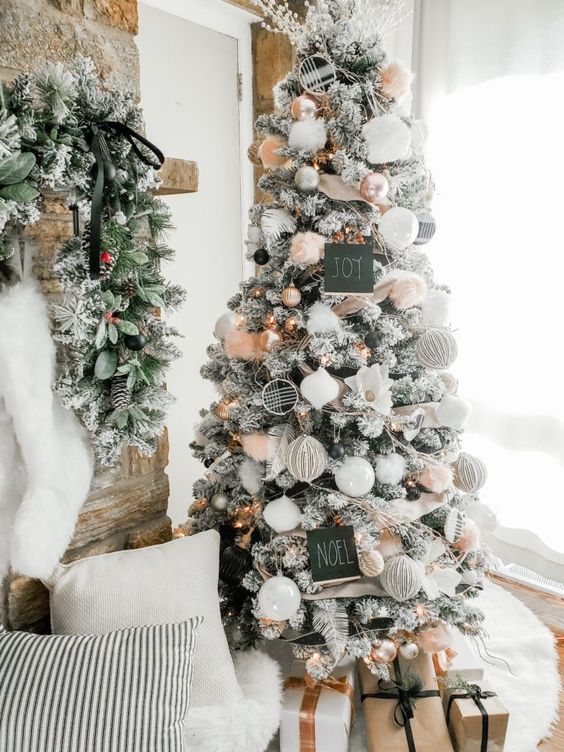 a flocked Christmas tree with lights, burlap ribbon, chalkboard pieces, white and metallic ornaments is amazing