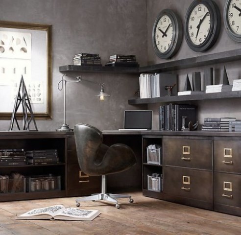 an industrial home office with a large storage and working unit of metal, wooden shelving, a leather chair and metal lamps