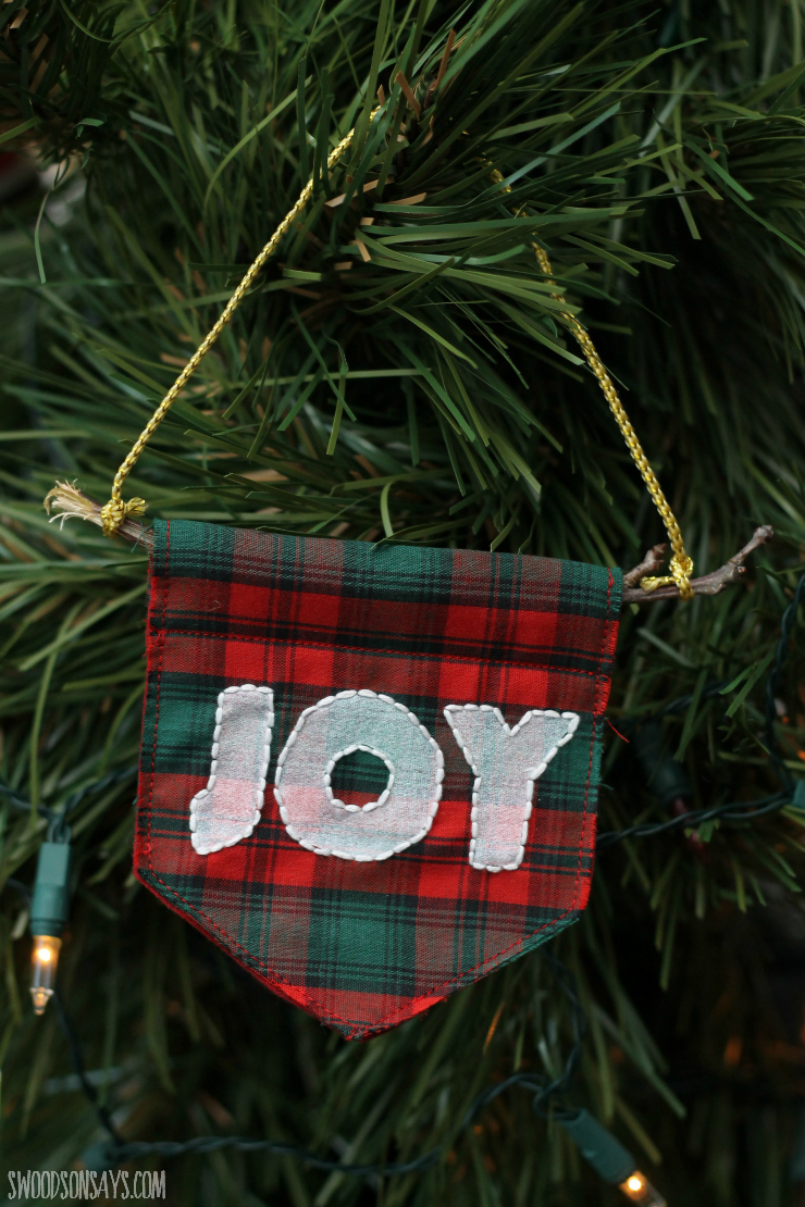 DIY plad embroidered Christmas ornament with JOY letters (via swoodsonsays.com)