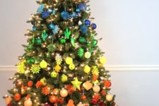 DIY Christmas tree decorated with rainbow ornaments