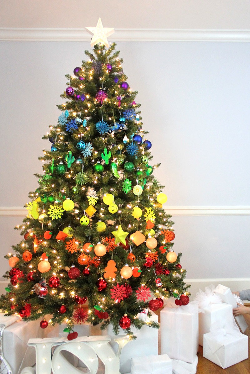 DIY Christmas tree decorated with rainbow ornaments (via www.linesacross.com)