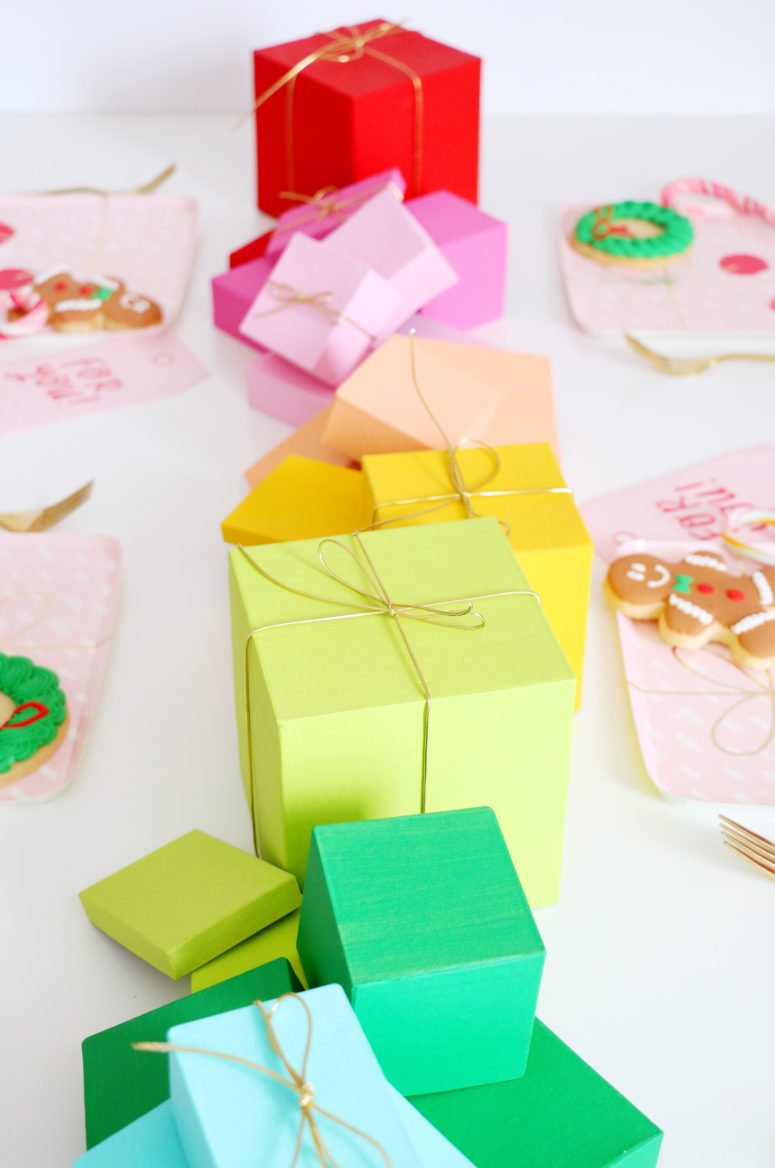DIY rainbow gift box table runner for Christmas (via akailochiclife.com)