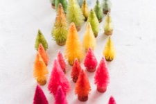 DIY dyed bottlebrush Christmas trees in rainbow colors