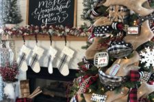 rustic Christmas decor with buffalo check, burlap, lights, touches of plaid, snowy evergreens and plaid stockings