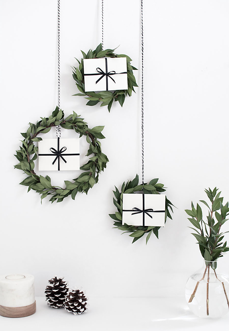 DIY myrtle Christmas wreaths with gift boxes inside