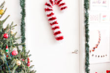 DIY candy cane tinsel wreath for Christmas front door decor
