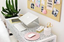 10 a cool girlish workspace with a Dolmatin print desk, which you can easily DIY using some contact paper you like