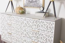 11 a creative Tarva dresser hack in dove grey, with white geometric inlays and tiny brass pulls