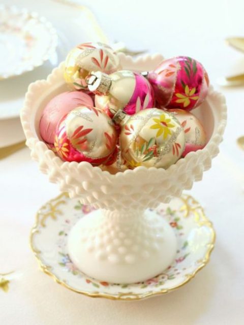 a milk glass dish with vintage ornaments as a centerpiece or just decoration that can be made in a minute