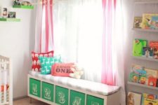 14 a colorful upholstered bench with numbered Drona boxes is a nice DIY for a nursery that features storage